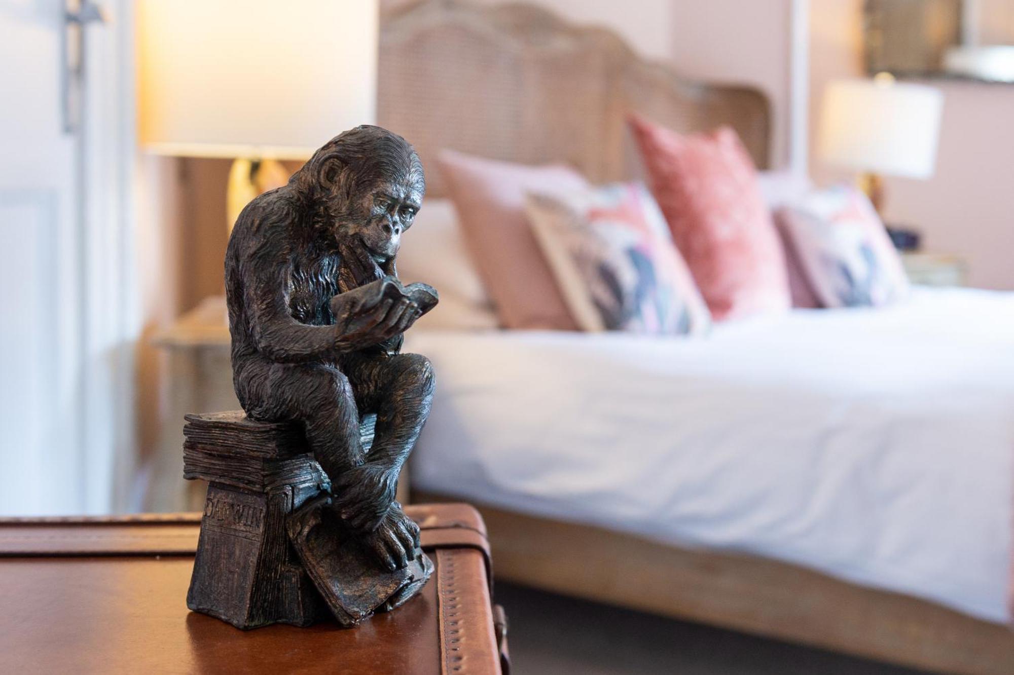 シュルーズベリー Darwin'S Townhouse Bed & Breakfast 部屋 写真 A sculpture of a monkey sitting on a suitcase